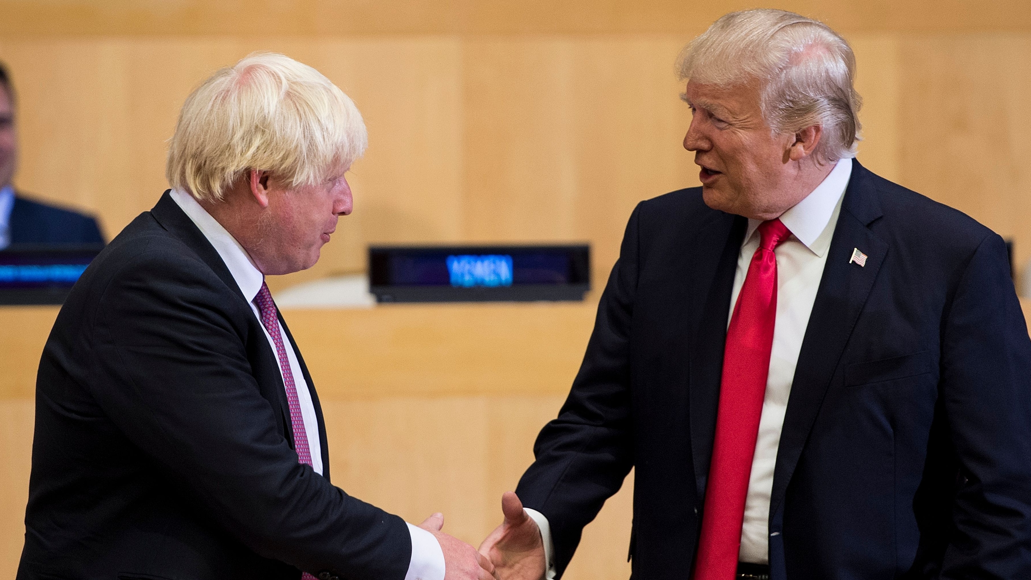 Boris Johnson and Donald Trump greet before a meeting on United Nations Reform at the UN headquarters in New York