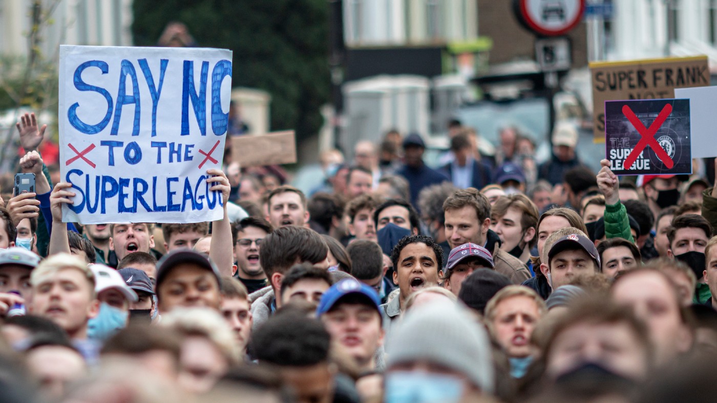 Chelsea fans protest against the Super League outside Stamford Bridge
