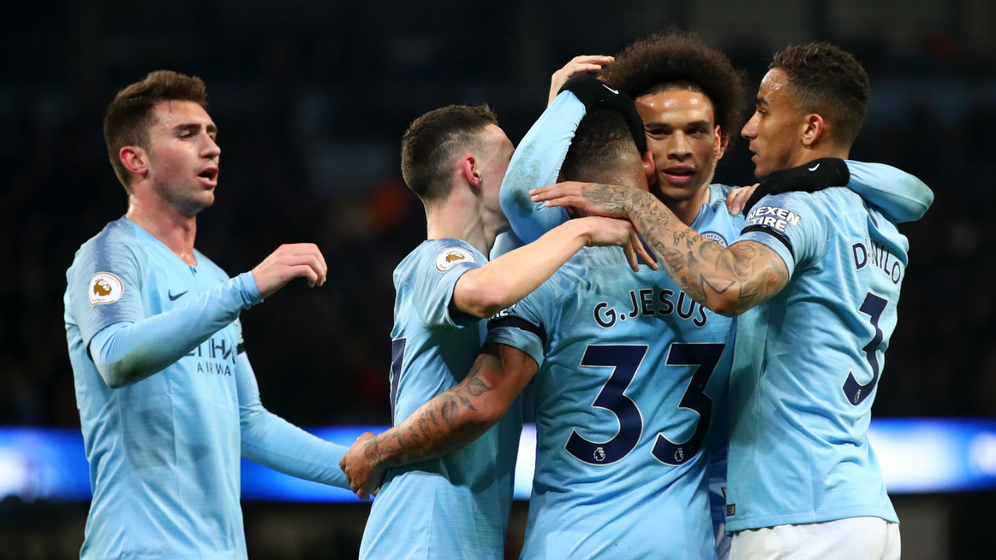 Manchester City winger Leroy Sane celebrates the second goal against Cardiff City at the Etihad
