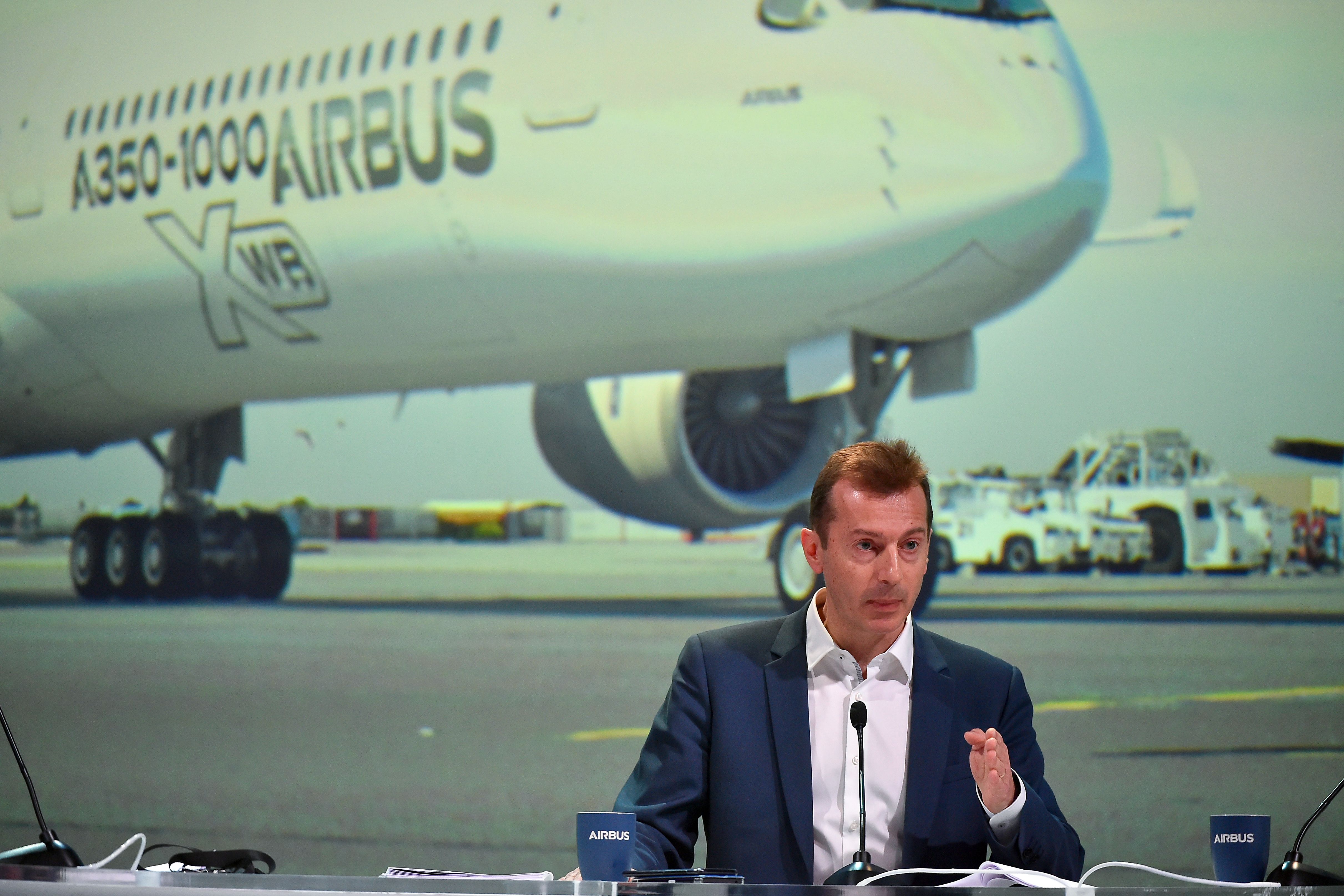 The president of Airbus Commercial Aircraft Business Guillaume Faury speaks during a press conference to announce the annual results of the company, in Blagnac, on February 14, 2019. - Europe