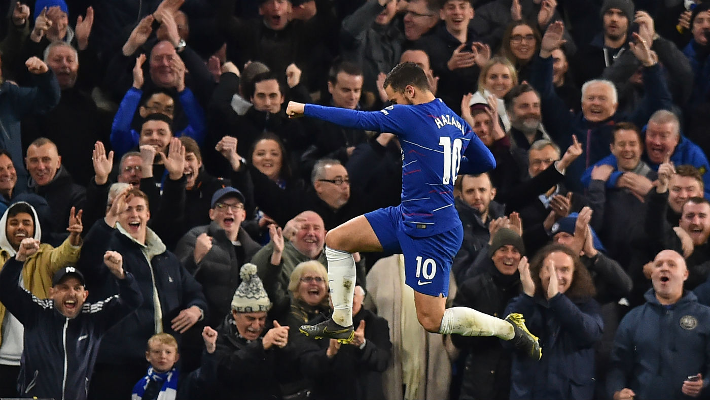 Chelsea attacker Eden Hazard celebrates scoring against Brighton at Stamford Bridge