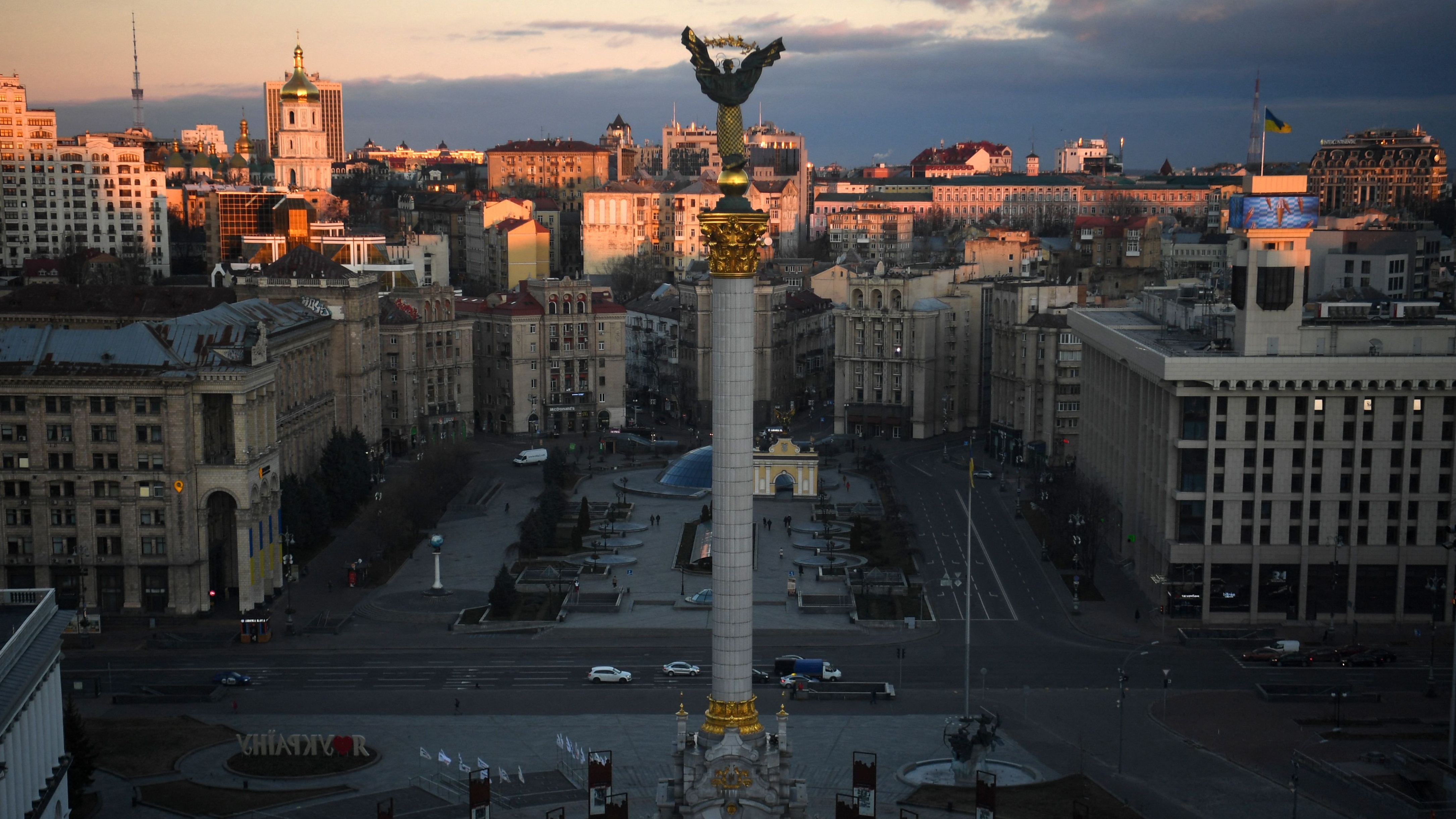 23 February: Ukraine’s Independence Monument at sunrise in central Kyiv one day before Vladimir Putin gave the order for a full-scale invasion of Ukraine