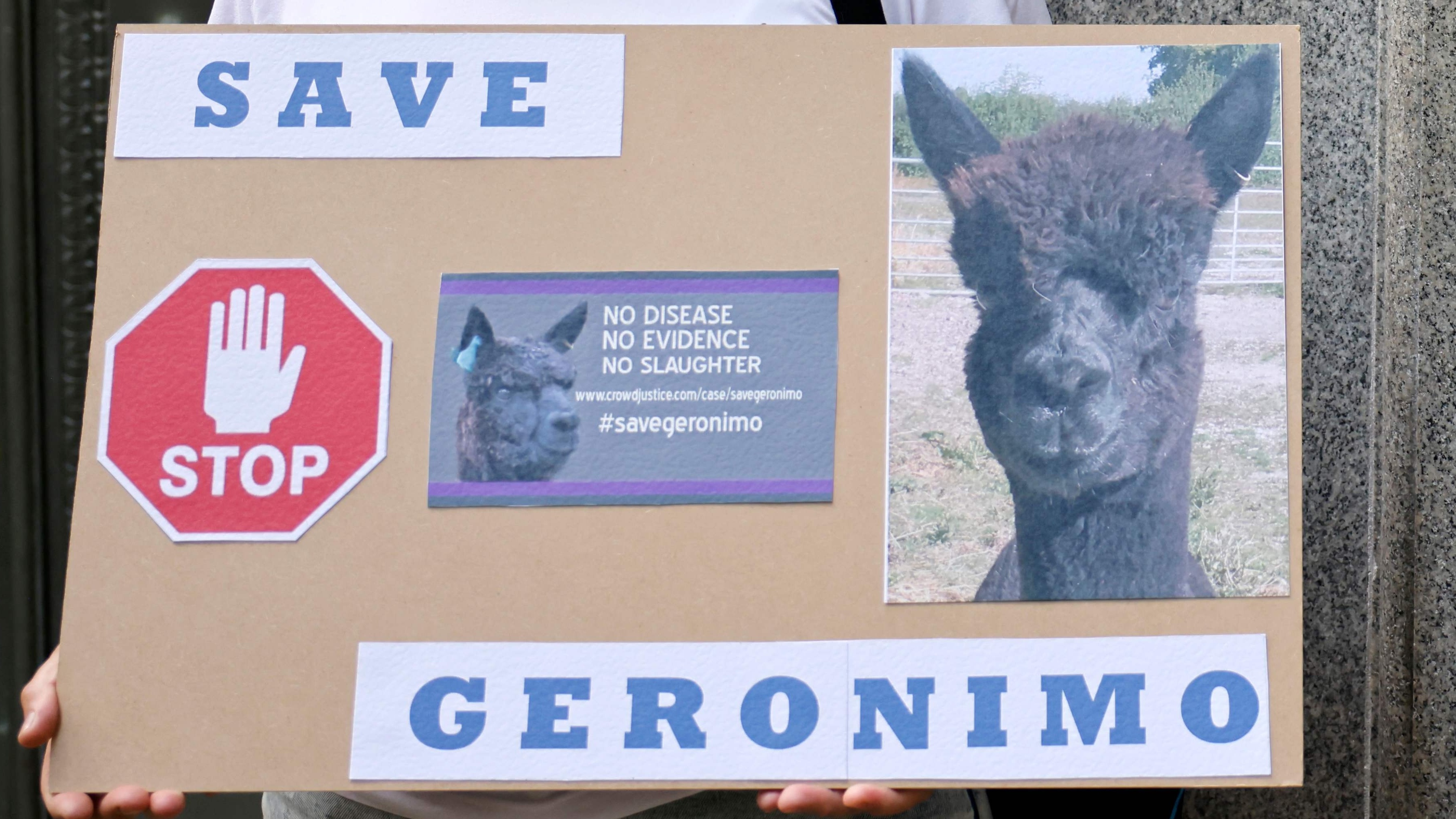 A woman holds a sign that reads &#039;Save Geronimo&#039;