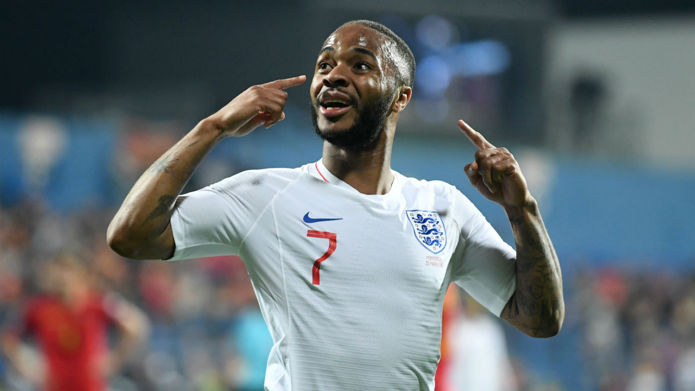 England star Raheem Sterling reacts to the crowd after scoring in the 5-1 win against Montenegro