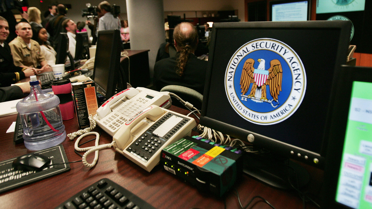 Fort Meade, UNITED STATES:A computer workstation bears the National Security Agency (NSA) logo inside the Threat Operations Center inside the Washington suburb of Fort Meade, Maryland, intell