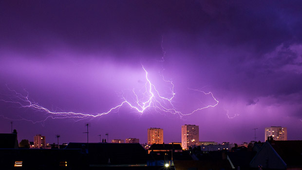 Lightening strike over the city of Tours, central France. 