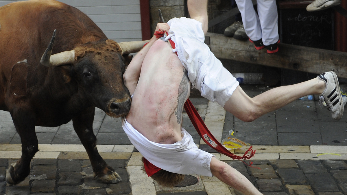 A Jandilla bull charges at a participant during the first &quot;encierro&quot; (bull-run) of the San Fermin Festival in Pamplona, northern Spain, on July 7, 2015. The festival is a symbol of Spanish cu