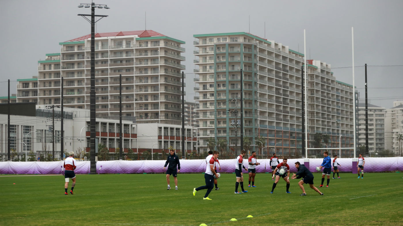 England’s rugby squad trained at the Arcs Urayasu Park in Tokyo on Tuesday