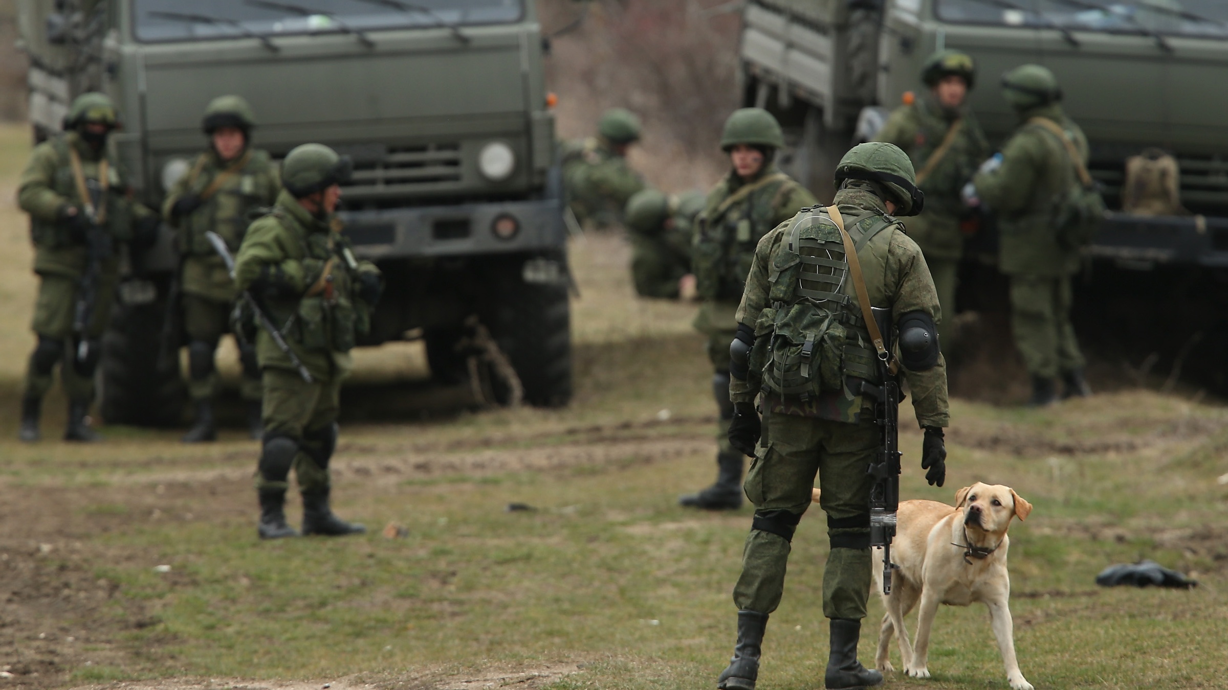 Russian-speaking troops without insignia stationed outside a Ukrainian military base in Crimea in 2014