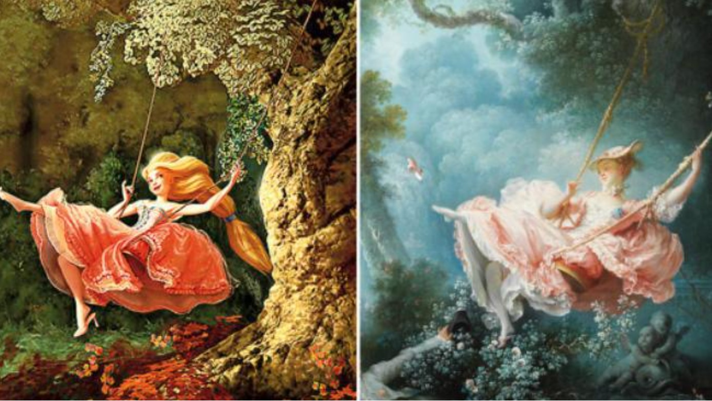 Rapunzel from Tangled side by side with Fragonard’s The Swing