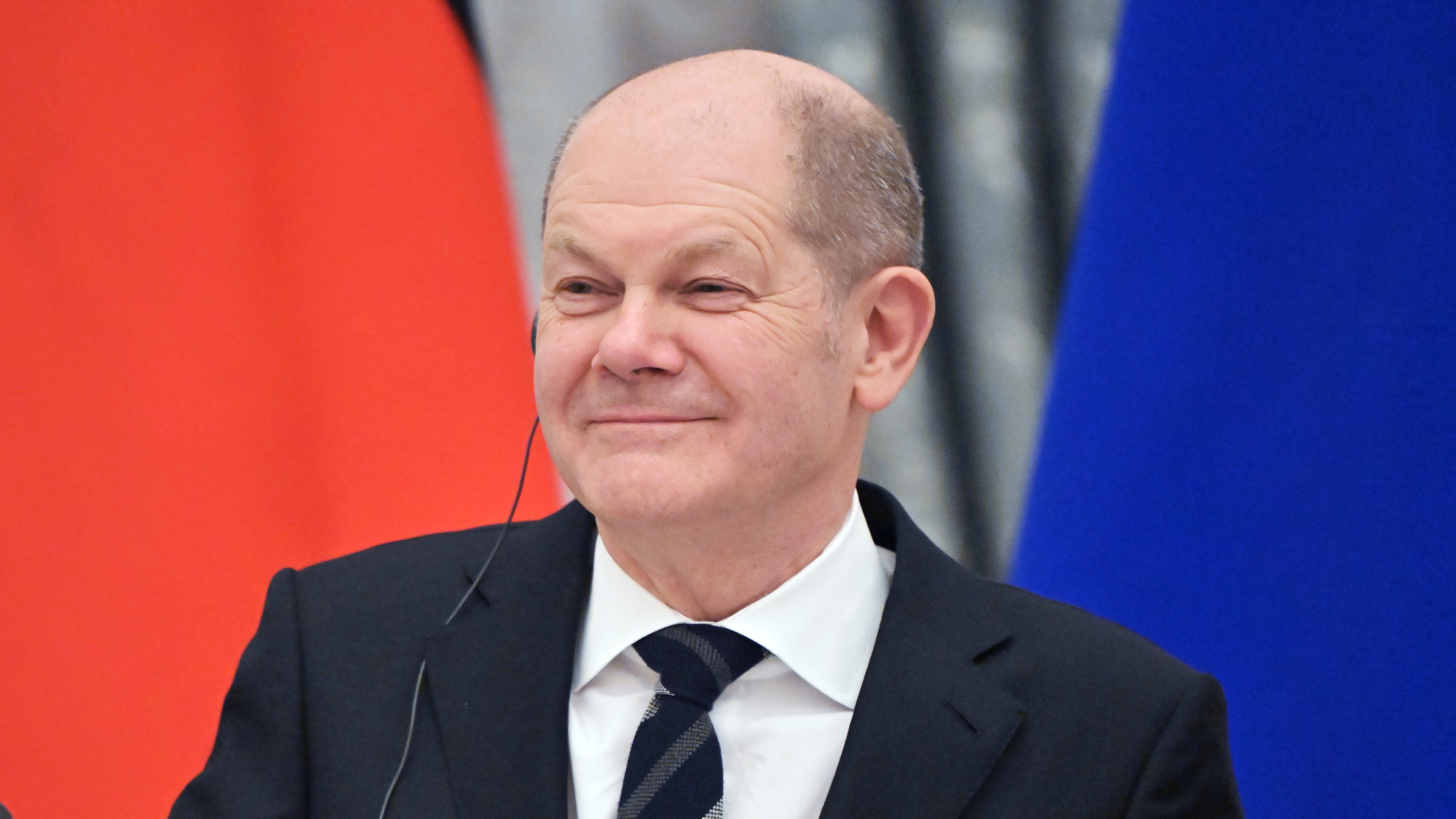 Olaf Scholz during a joint press conference with Vladimir Putin in Moscow