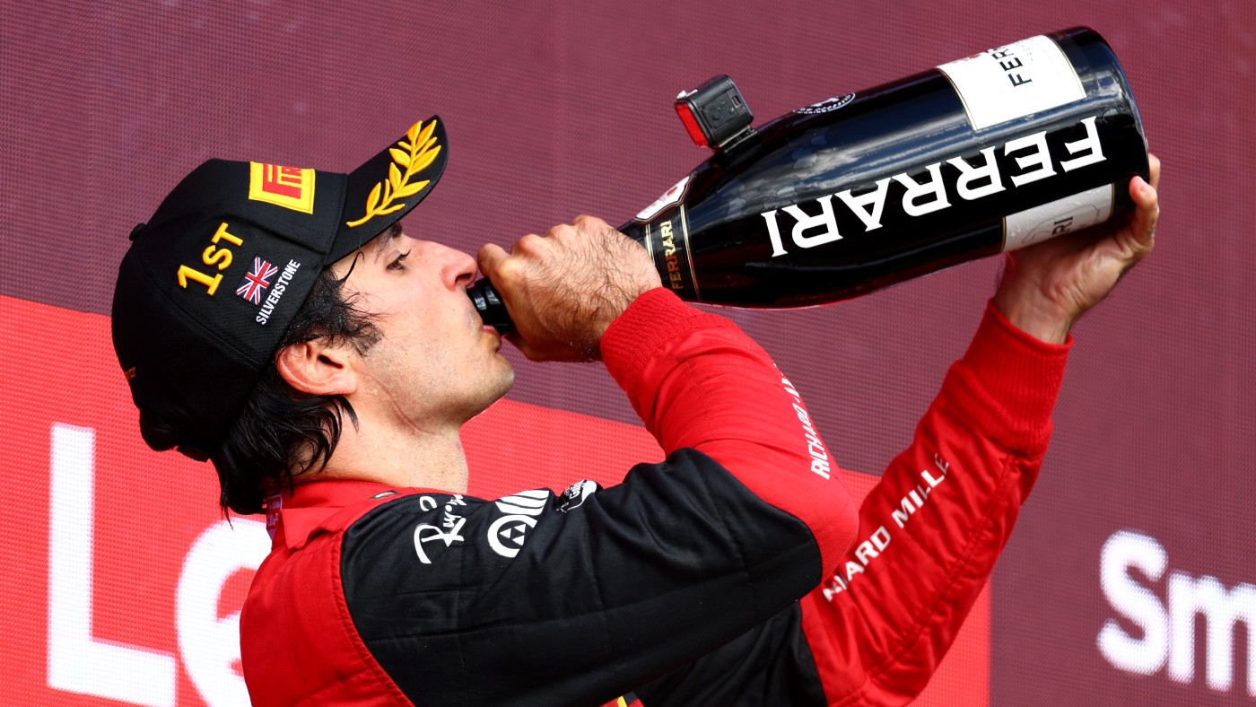 Race winner Carlos Sainz celebrates his British Grand Prix victory