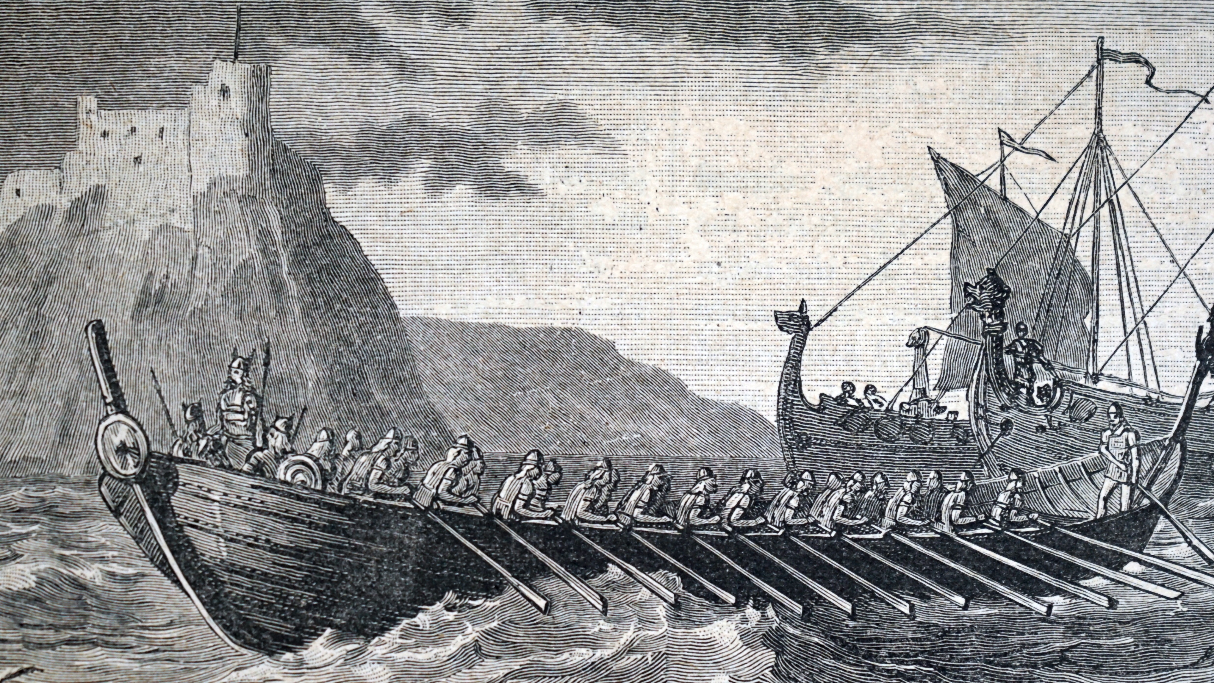 A modern interpretation of Danish ships preparing to make landfall in England