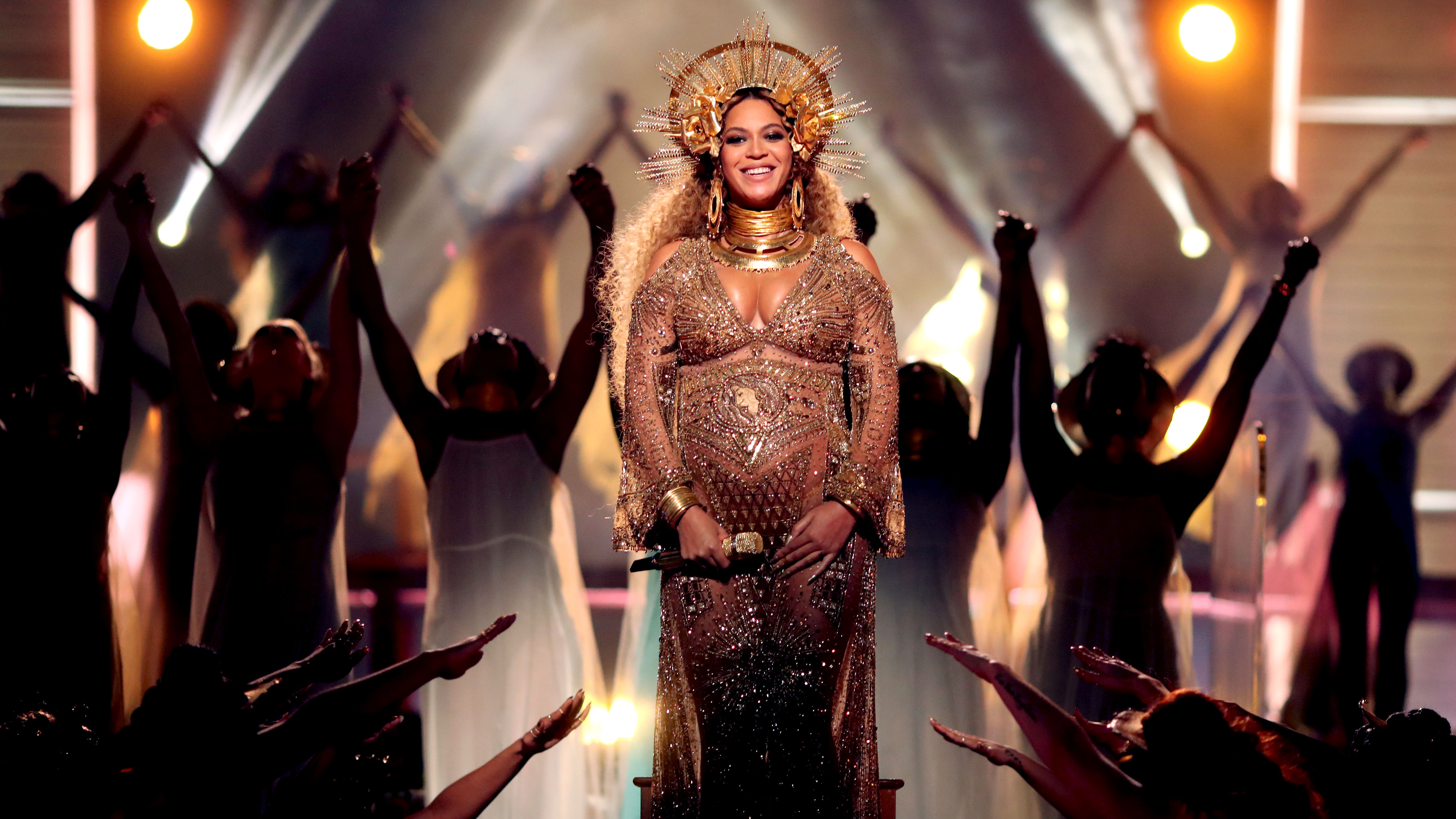 A pregnant Beyonce, who lost out to Adele at the 59th Grammy Awards in Los Angeles