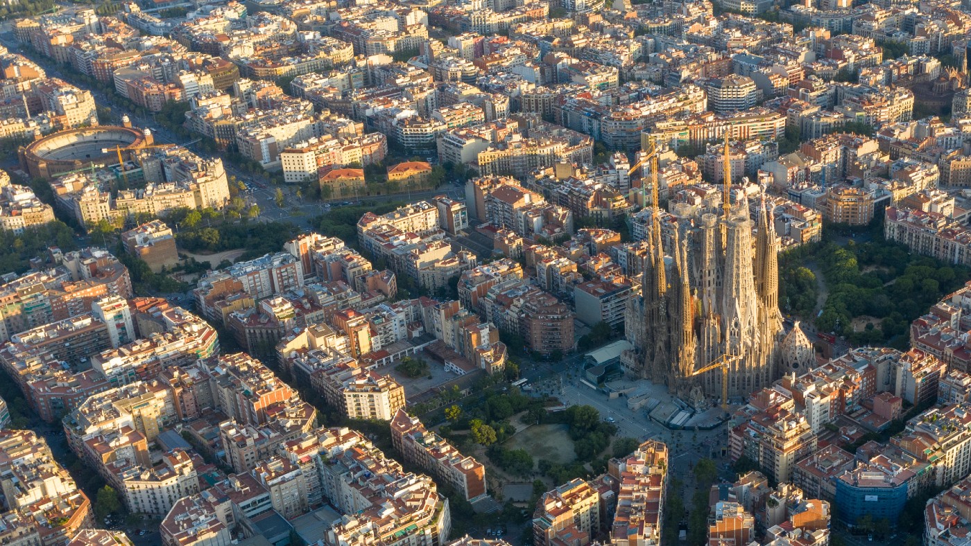 An aerial view of the iconic Sagrada Familia in Barcelona