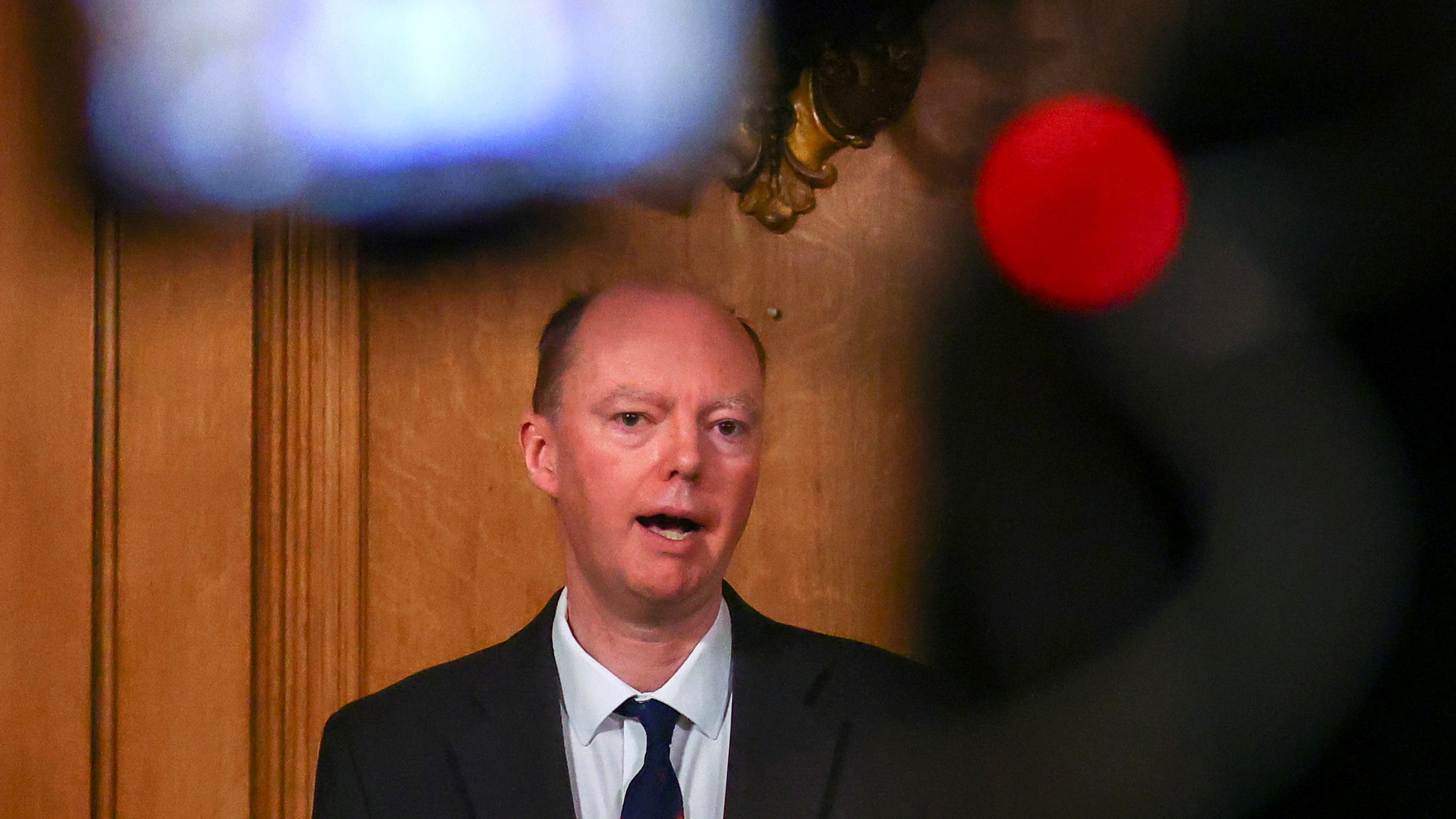 Chief Medical Officer Professor Chris Whitty speaks during a news conference at 10 Downing Street.