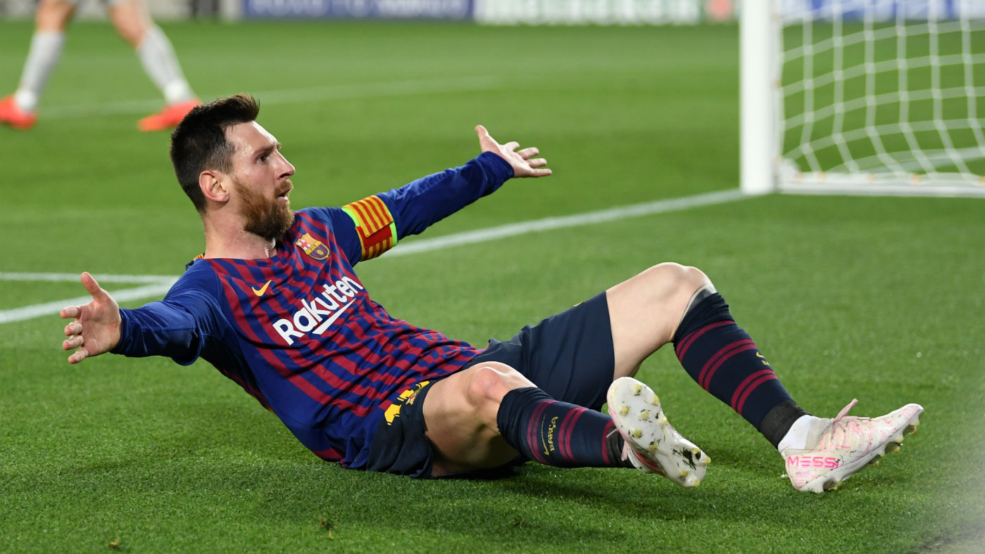 Barcelona star Lionel Messi celebrates his stunning free-kick against Liverpool