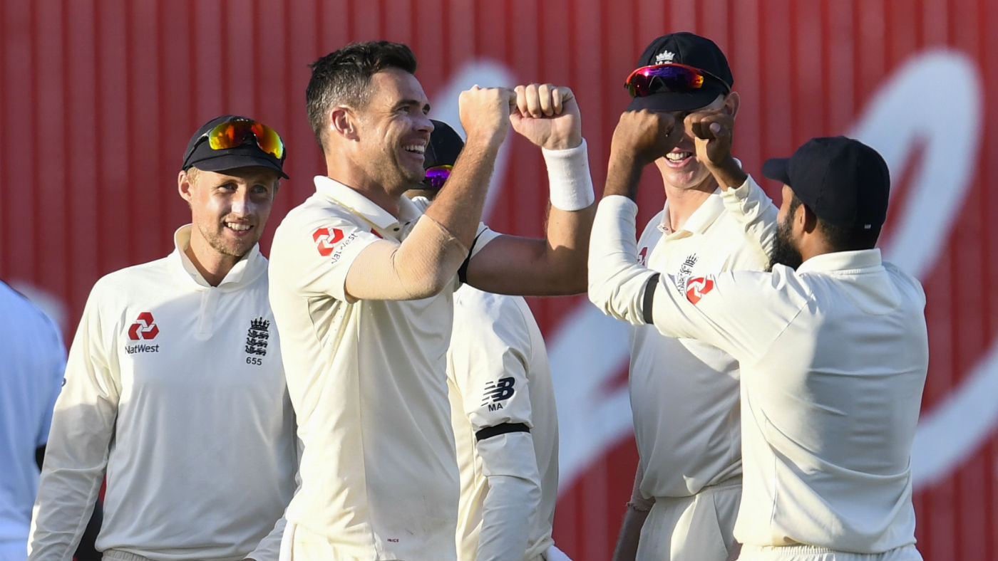 England bowler James Anderson celebrates a West Indies wicket in the Barbados Test