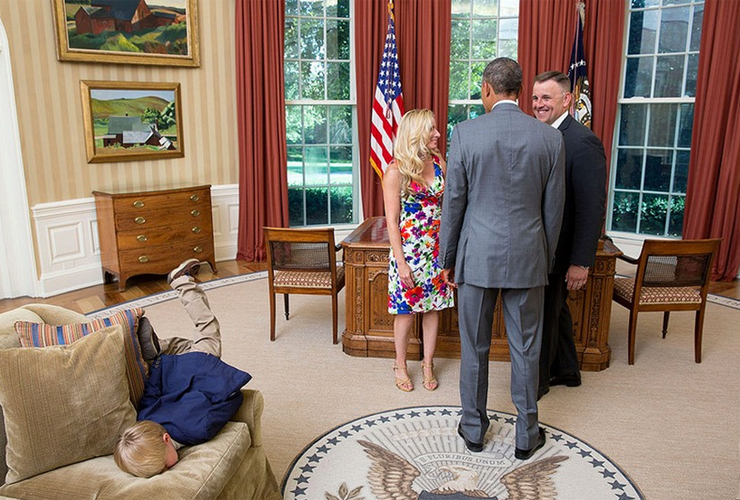 Boy dives into couch in the Oval Office of the White House
