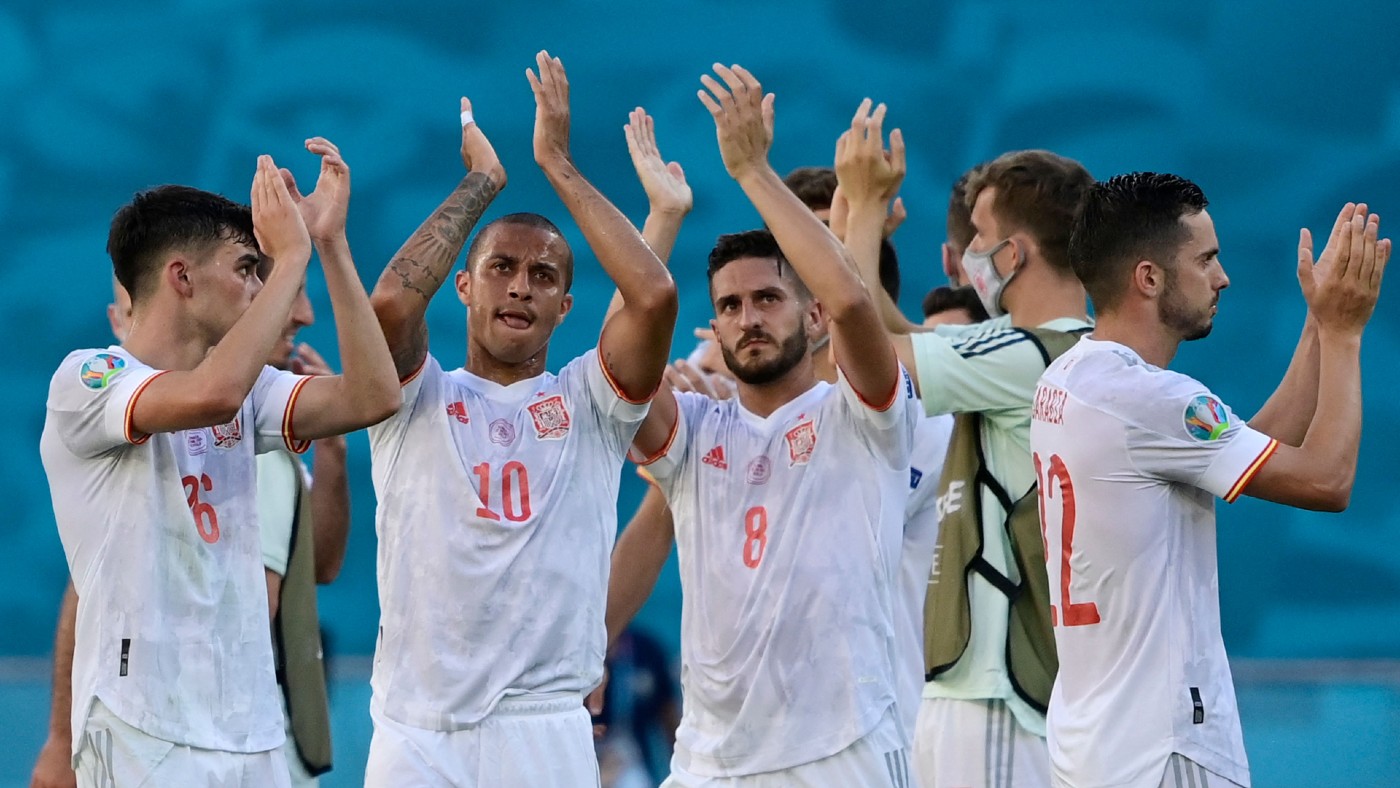 Spain celebrate their 5-0 win over Slovakia in Euro 2020 group E 