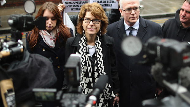 LONDON, ENGLAND - MARCH 07:Vicky Pryce, (c) ex-wife of Chris Huhne, leaves Southwark Crown Court after being found guilty of perverting the course of justice, on March 7, 2013 in London, Engl