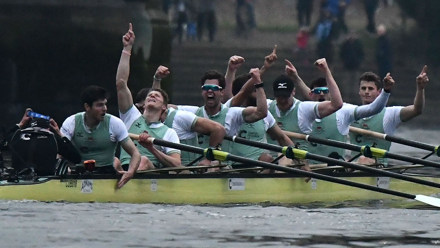 The Cambridge boat crew celebrate their 2018 victory over Oxford