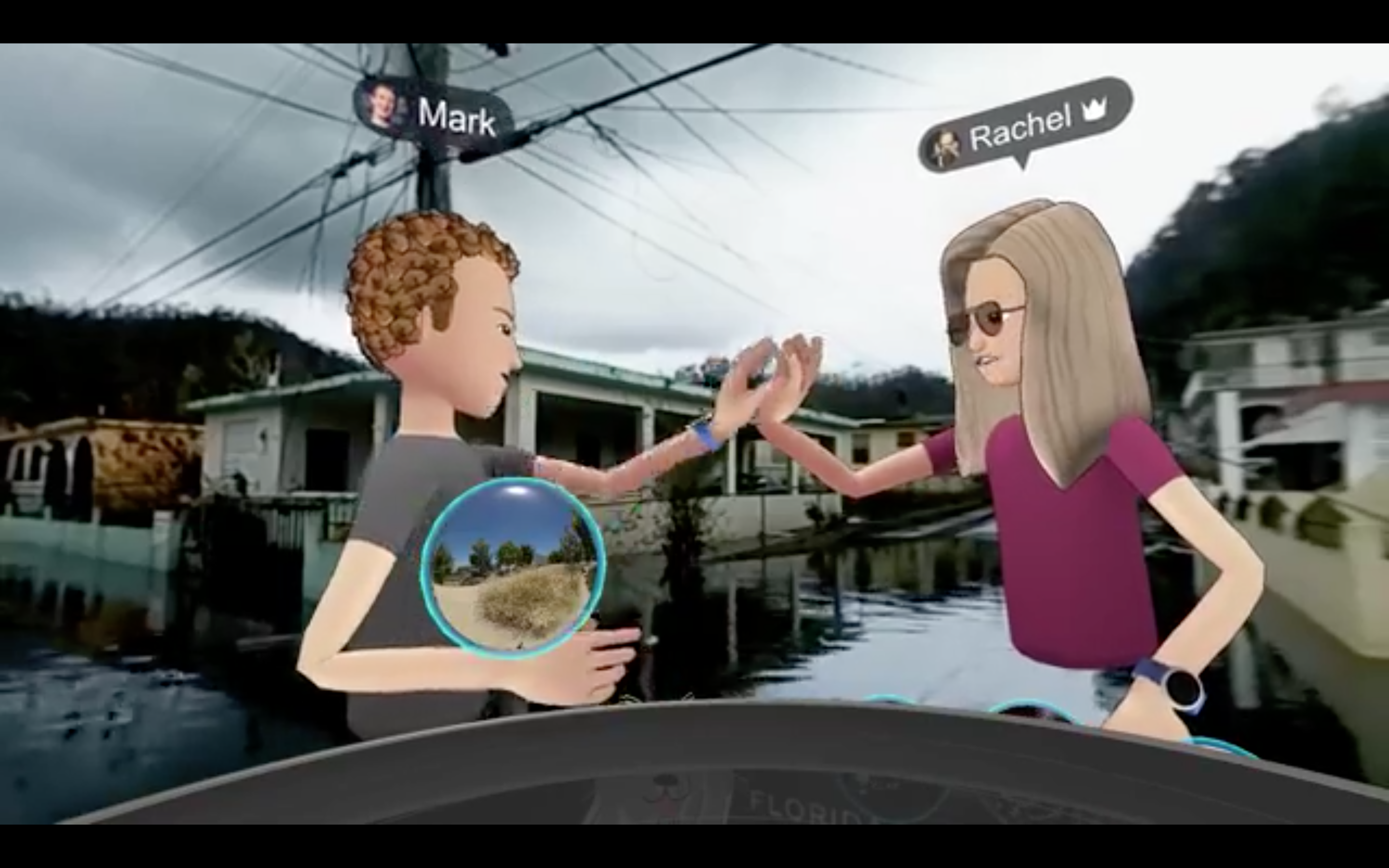 Zuckerberg high-fives Facebook colleague Rachel Franklin in their virtual reality “visit” to Puerto Rico 