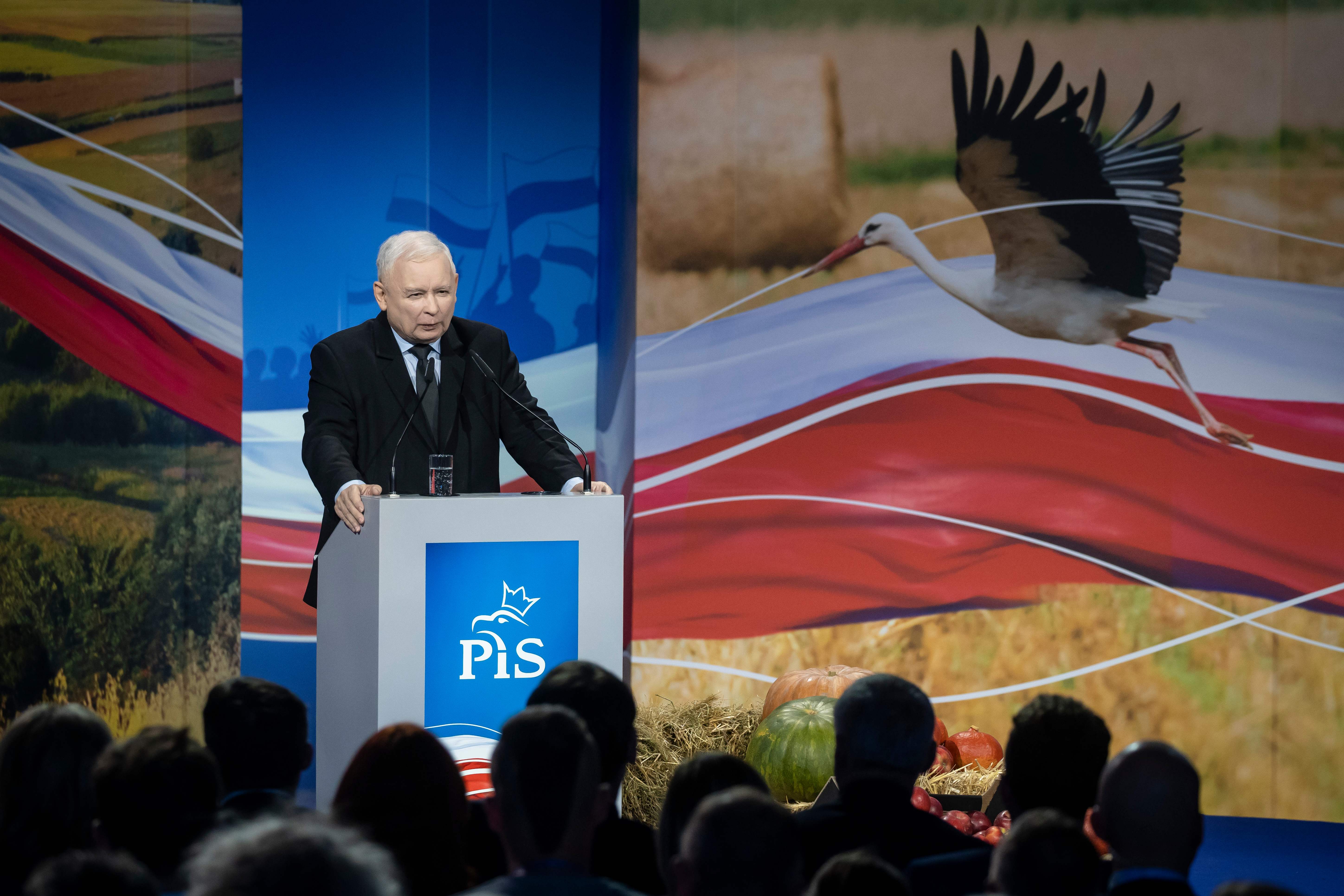 Jaroslaw Kaczynski, leader of Poland&#039;s ruling Law and Justice (PiS) party, speaks during the party&#039;s campaign convention in Kielce, October 9, 2019. - Poland&#039;s governing right-wing PiS party 