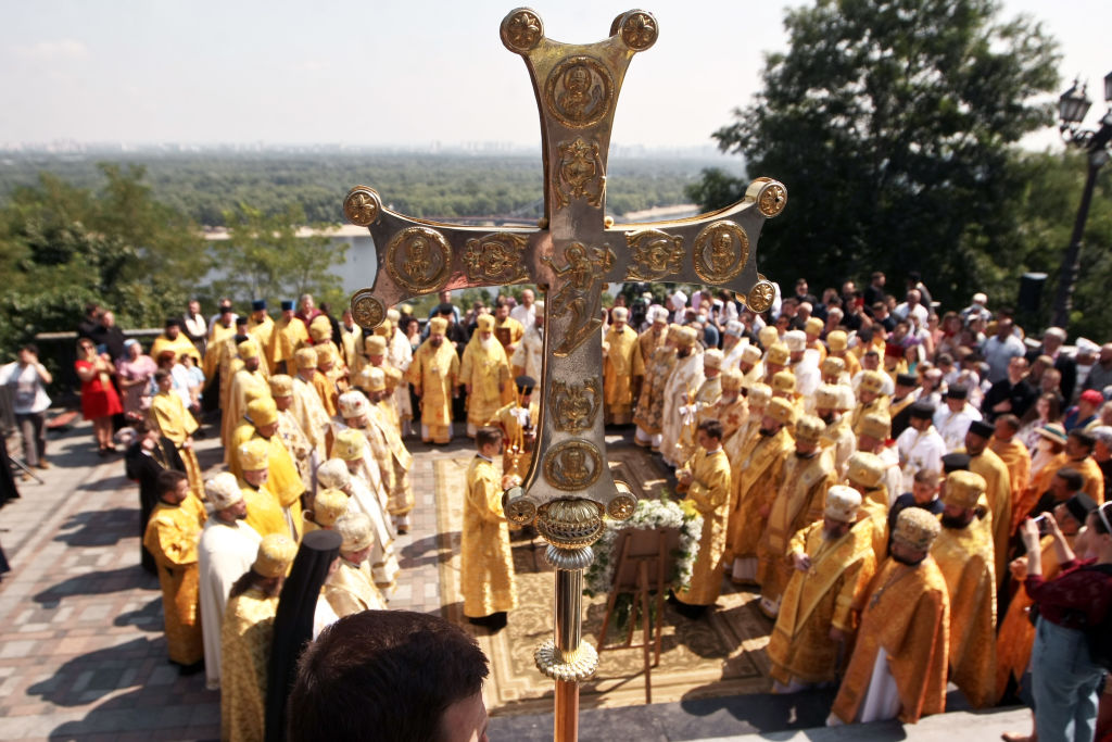 Prayer service dedicated to 1033rd anniversary of the Christianisation of Kyivan Rus-Ukraine at monument to St Volodymyr in Kyiv in July 2021