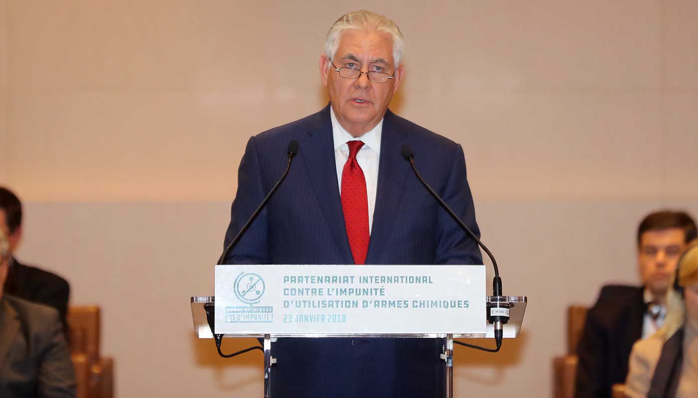 Rex Tillerson speaking at an anti-chemical weapons summit in Paris