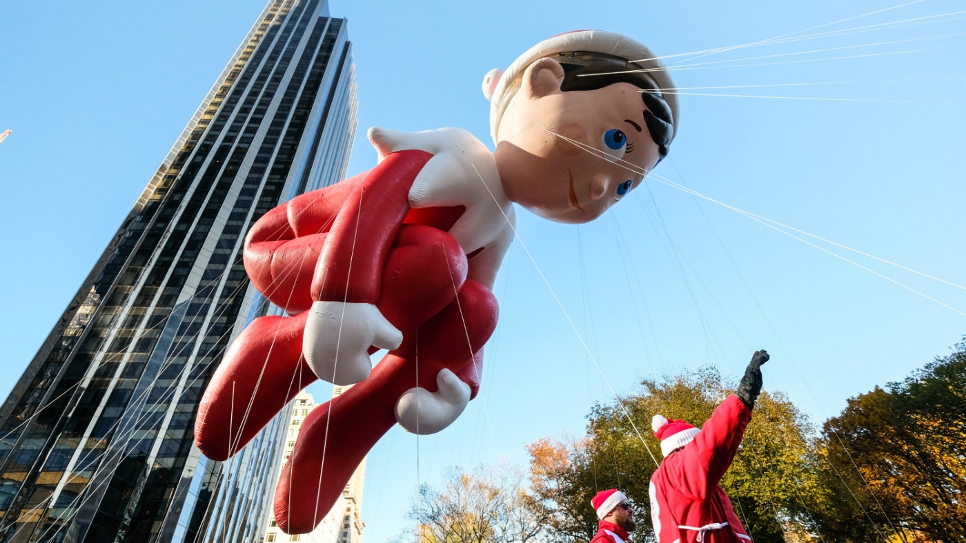 The Elf on the Shelf balloon floats in Columbus Circle during the 91st Annual Macy&#039;s Thanksgiving Day Parade on November 23, 