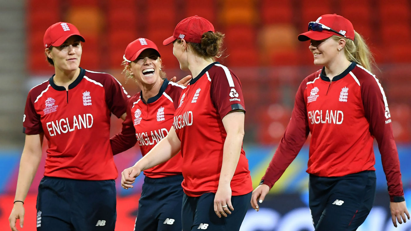 England players celebrate their win over the West Indies at the ICC Women’s T20 World Cup