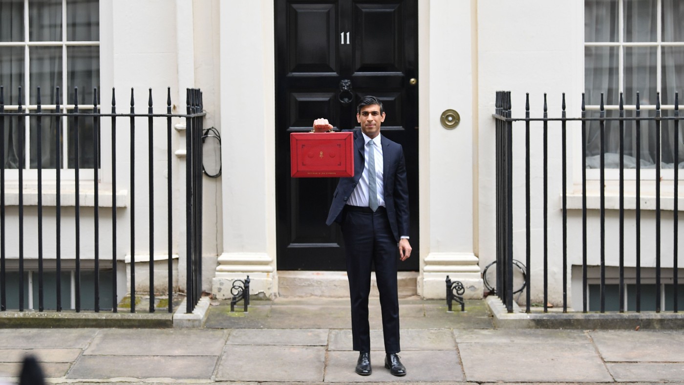 Chancellor Rishi Sunak poses with the Budget Box outside 11 Downing Street  