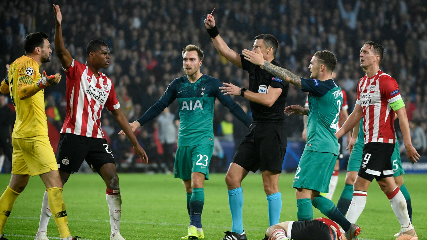 Tottenham goalkeeper Hugo Lloris was sent off in the 2-2 draw against PSV Eindhoven