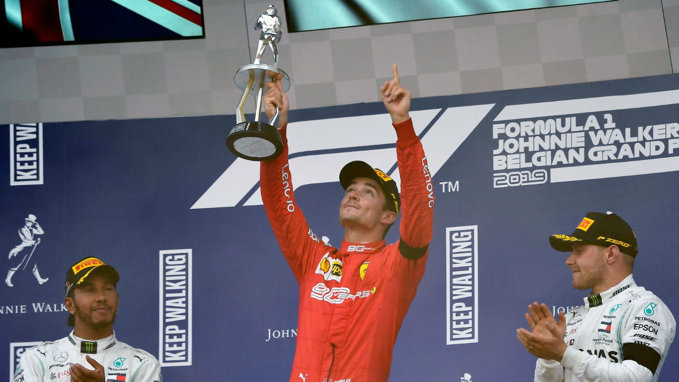 Ferrari’s Charles Leclerc points to the sky in tribute to late French driver Anthoine Hubert  