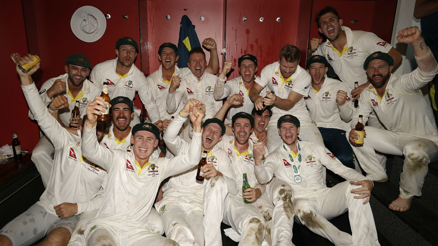 Australia players celebrate their Ashes series victory after the fourth Test at Old Trafford