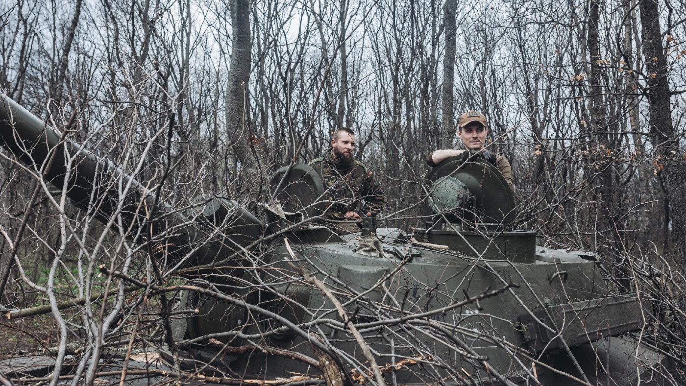 Ukrainian soldiers in a tank 