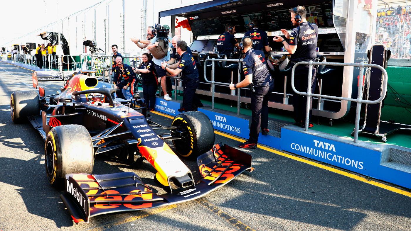 Red Bull staff celebrate Max Verstappen’s third place at the 2019 F1 Australian Grand Prix