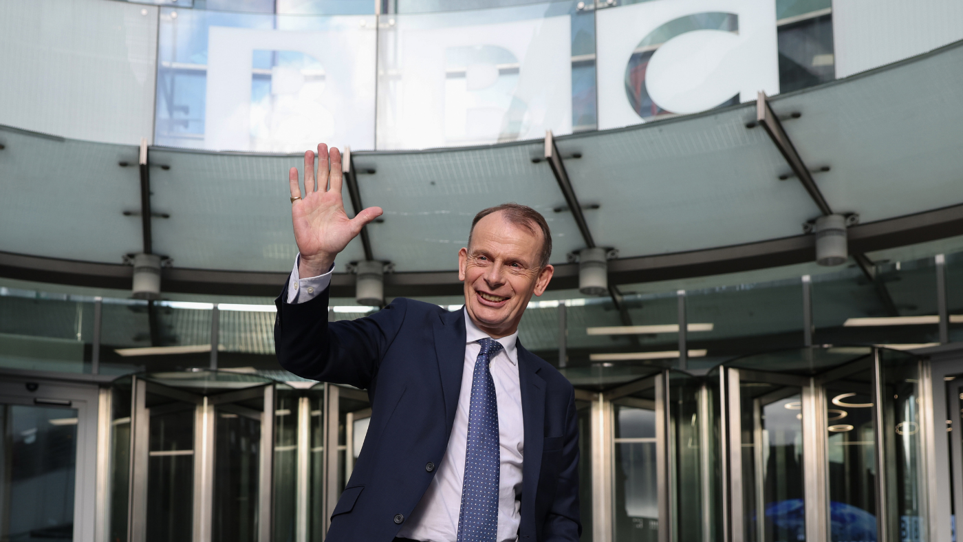Andrew Marr waves outside BBC building