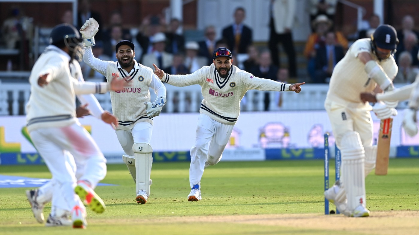 India’s Rishabh Pant and Virat Kohli celebrate the wicket of James Anderson 