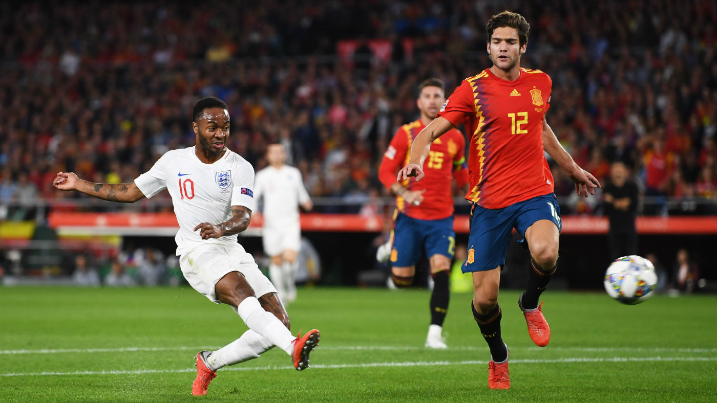 Raheem Sterling scores England’s first goal in their 3-2 win in Spain