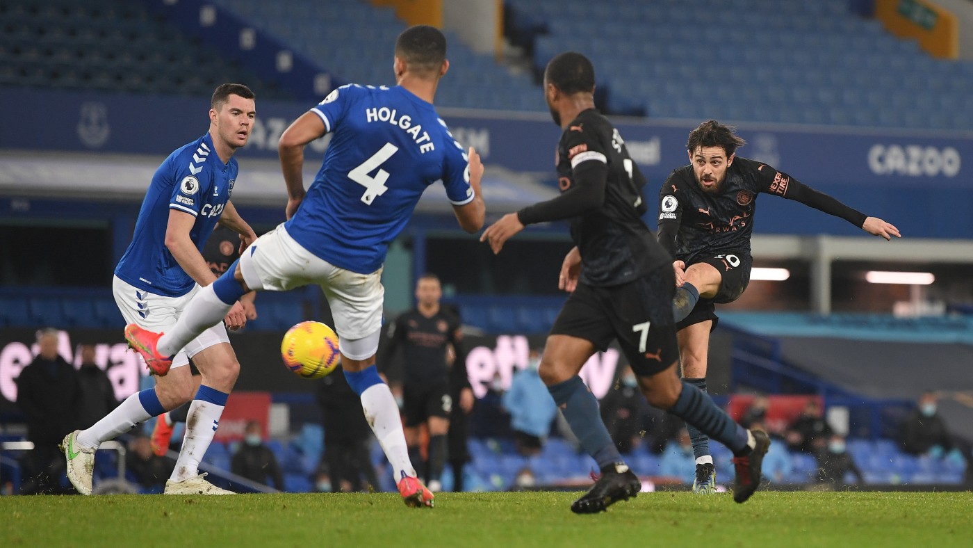 Bernardo Silva scored Man City’s third goal against Everton at Goodison  