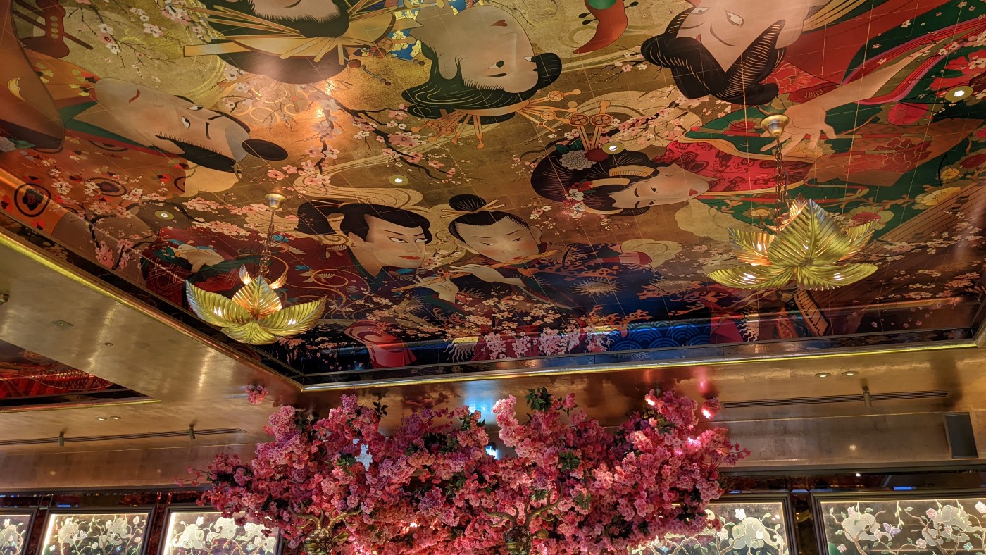 Even the ceilings at Ivy Asia Mayfair are artistic and colorful 