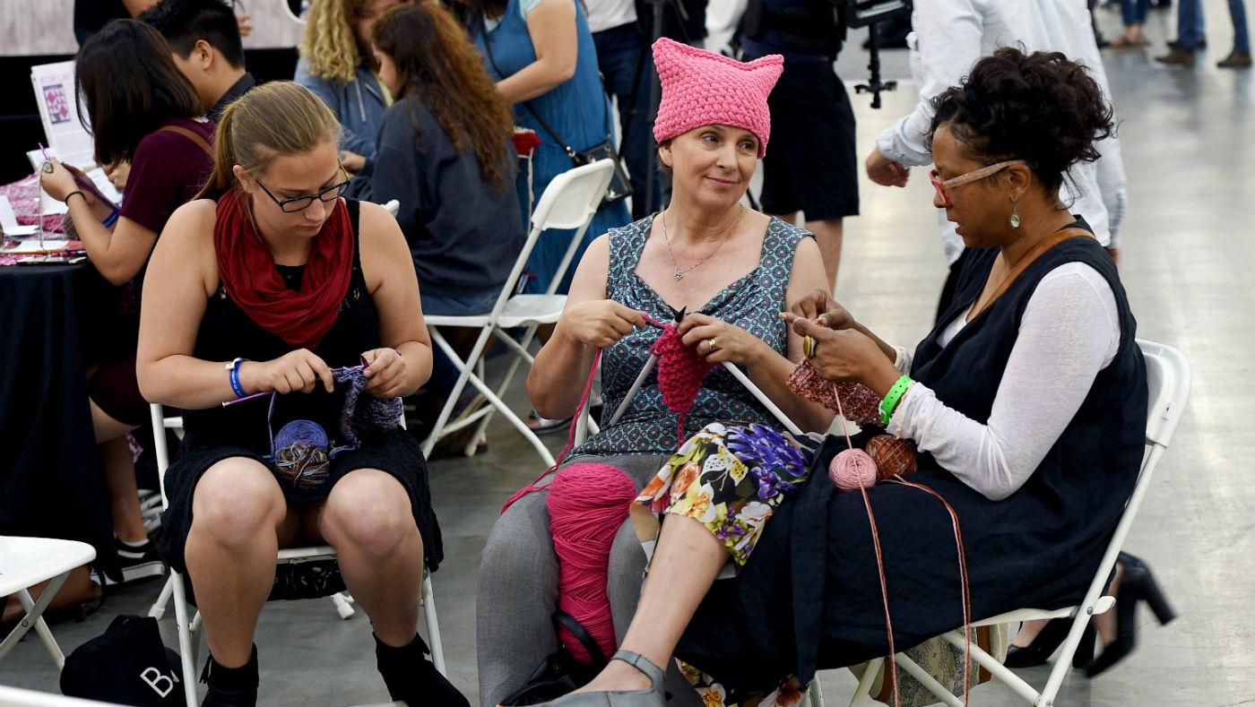 Women knitting at a Pussyhat Project meeting in Pasadena, California, in 2017