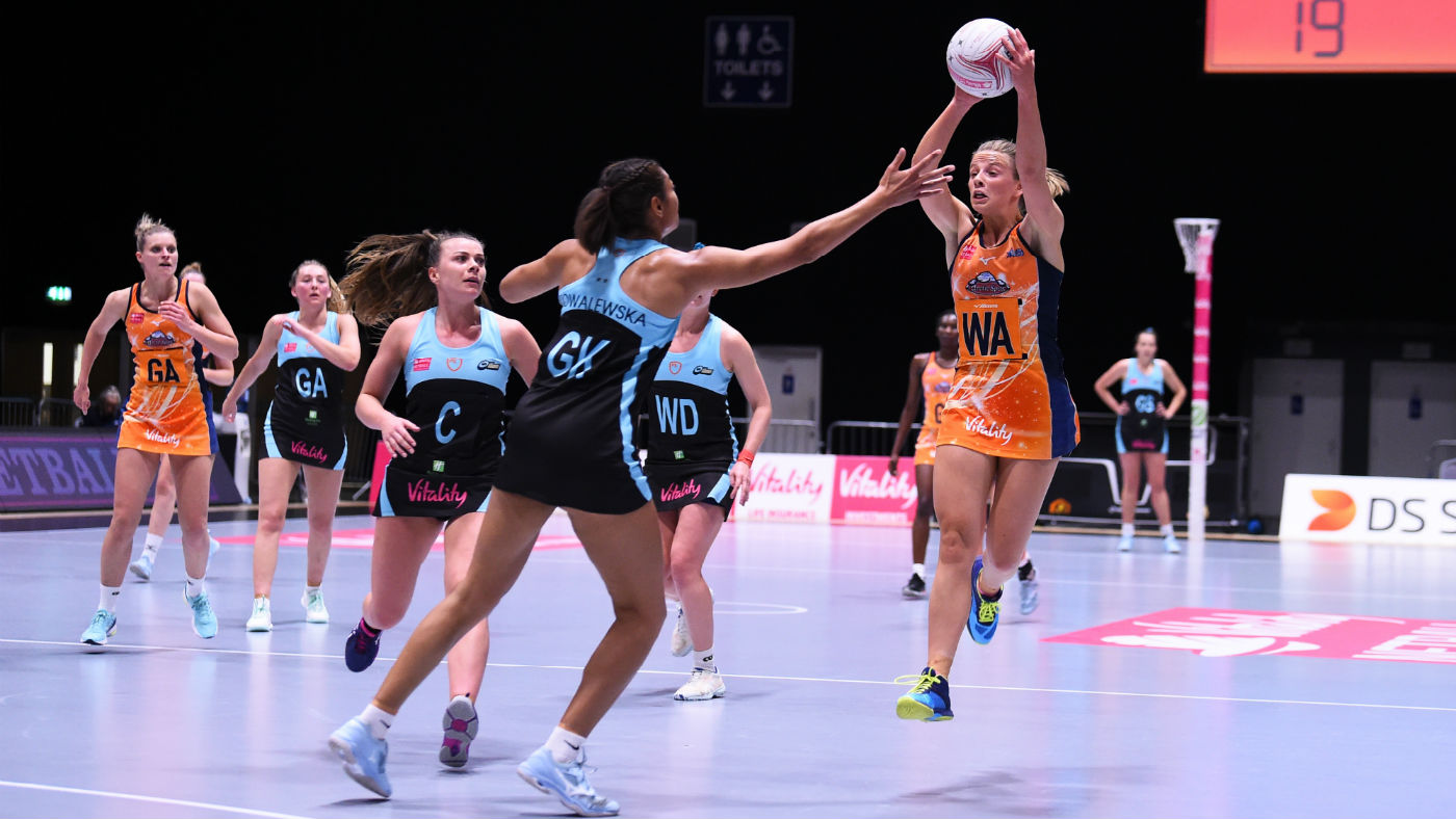 Surrey Storm and Severn Stars in action during a Vitality Netball Superleague fixture