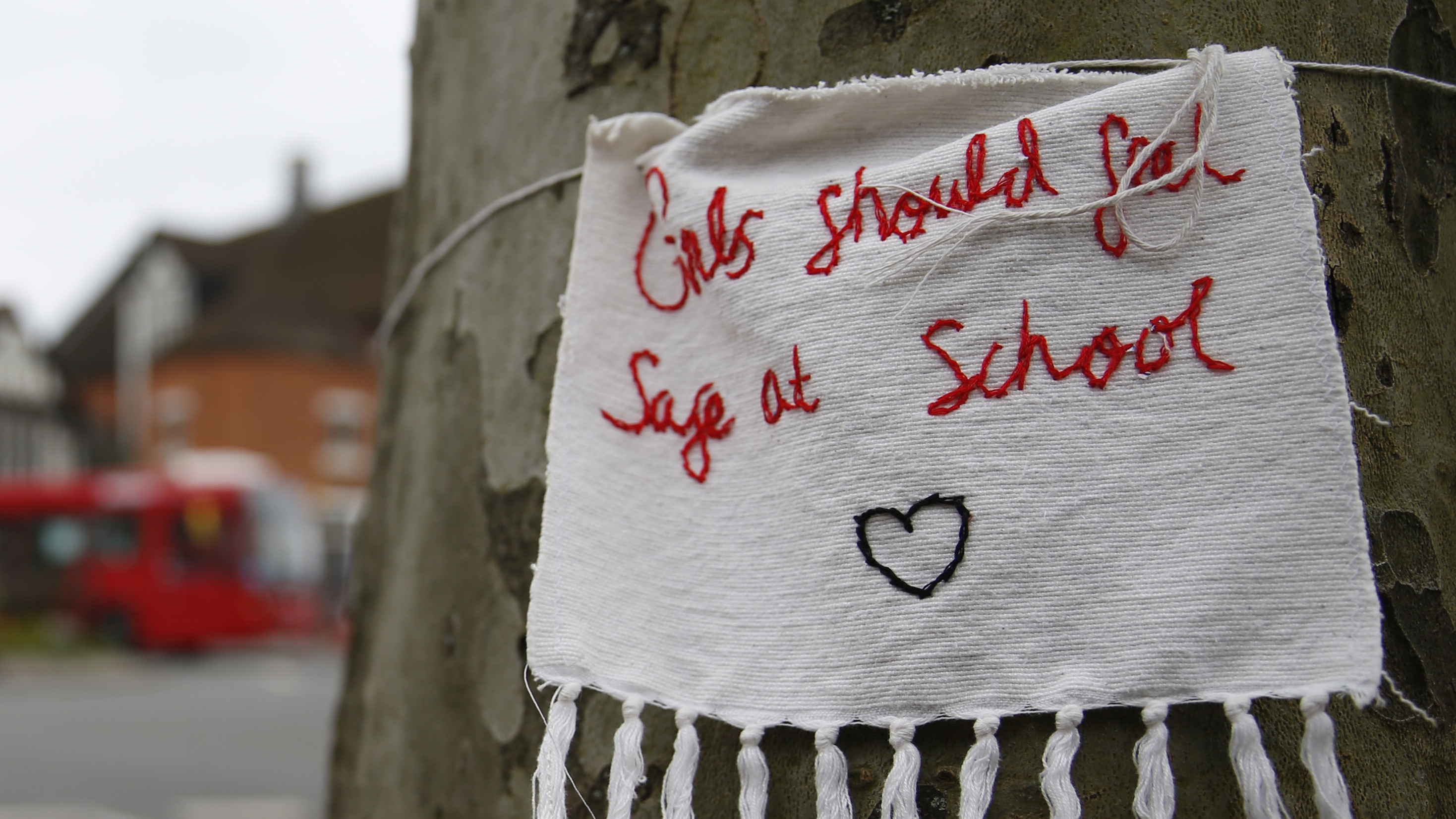 A sign reads &#039;Girls Should Feel Safe at School&#039; outside a school in Hampstead