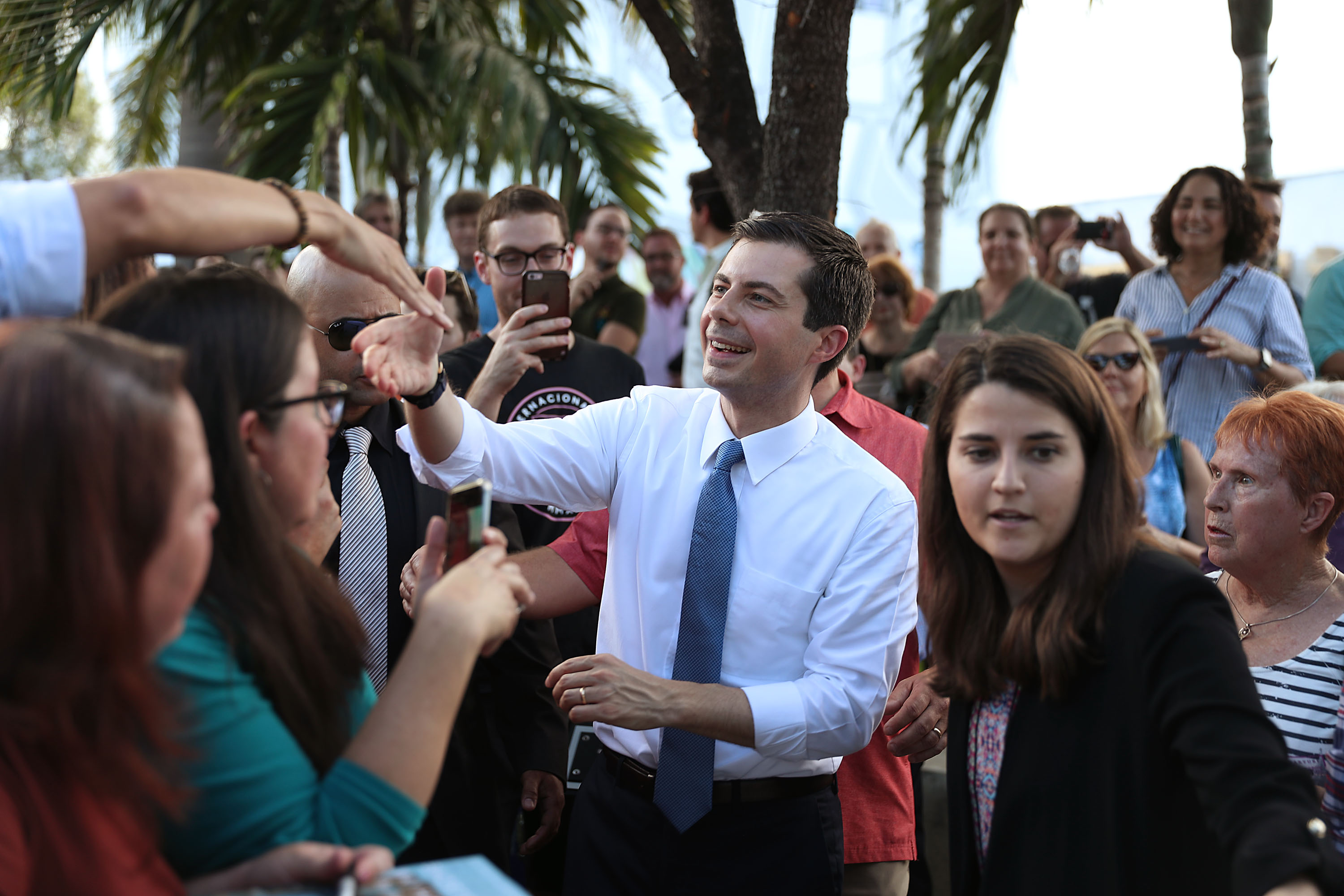 MIAMI, FLORIDA - MAY 20: Democratic presidential candidate and South Bend, Indiana Mayor Pete Buttigieg greets people during a grassroots fundraiser at the Wynwood Walls on May 20, 2019 in Mi