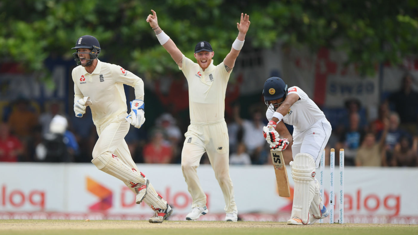 England keeper Ben Foakes and slip Ben Stokes celebrate a Sri Lankan wicket in the first Test win in Galle