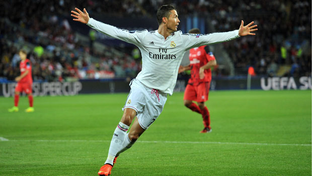 Cristiano Ronaldo celebrates his second goal in the Uefa Super Cup