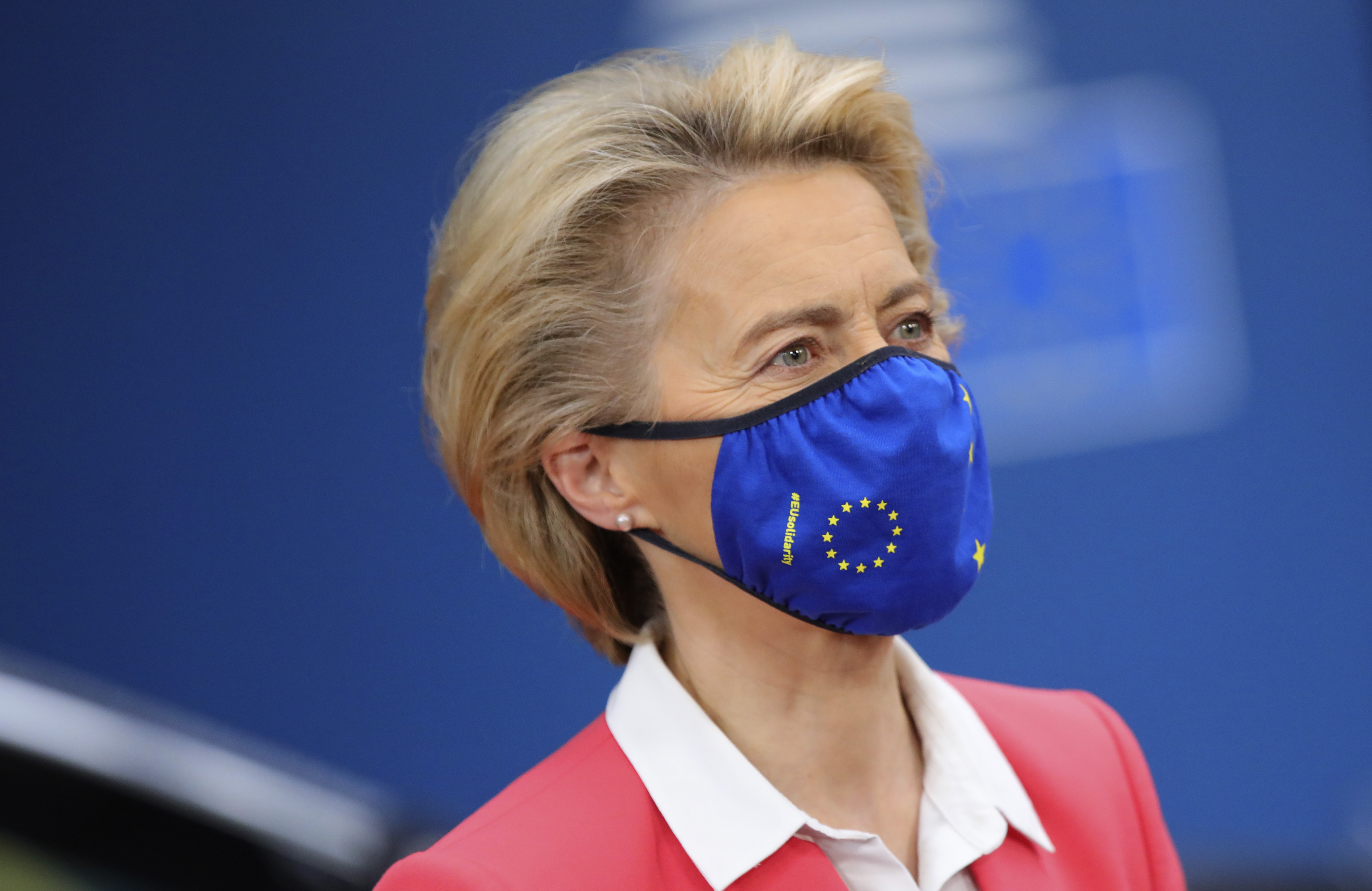 European Commission President Ursula von der Leyen wearing a mask arrives on the second day of a European Union (EU) summit at The European Council Building in Brussels on October 2, 2020. - 